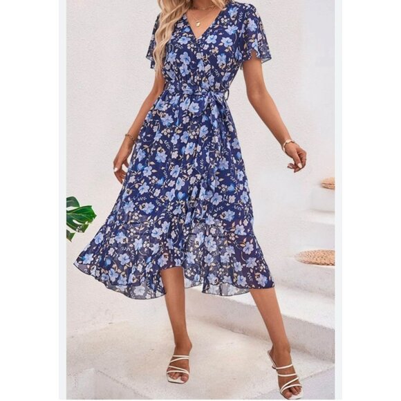 Womens Floral Flutter Sleeve Flowy V-Neck Dress Size XXL Casual Teacher Church